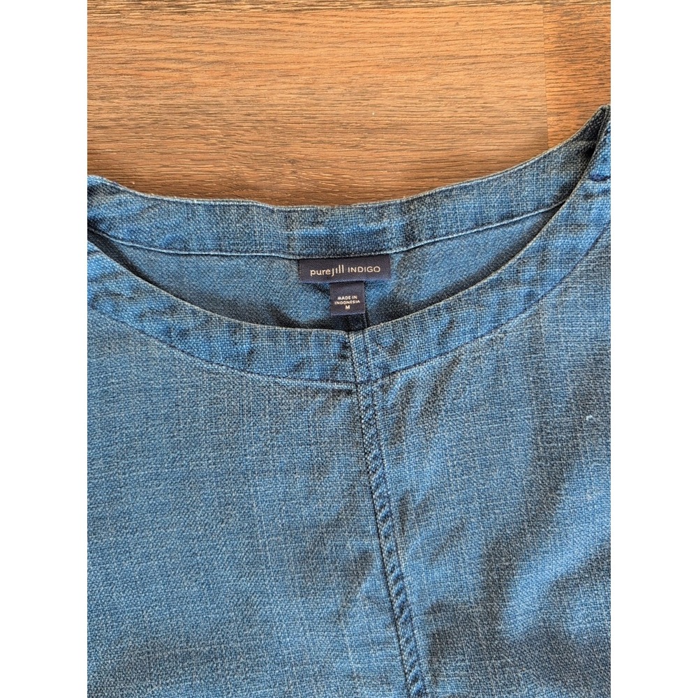 Pure Jill Indigo Blue Linen Blend Shift Dress Short Sleeve Button Shoulder M - Picture 2 of 16